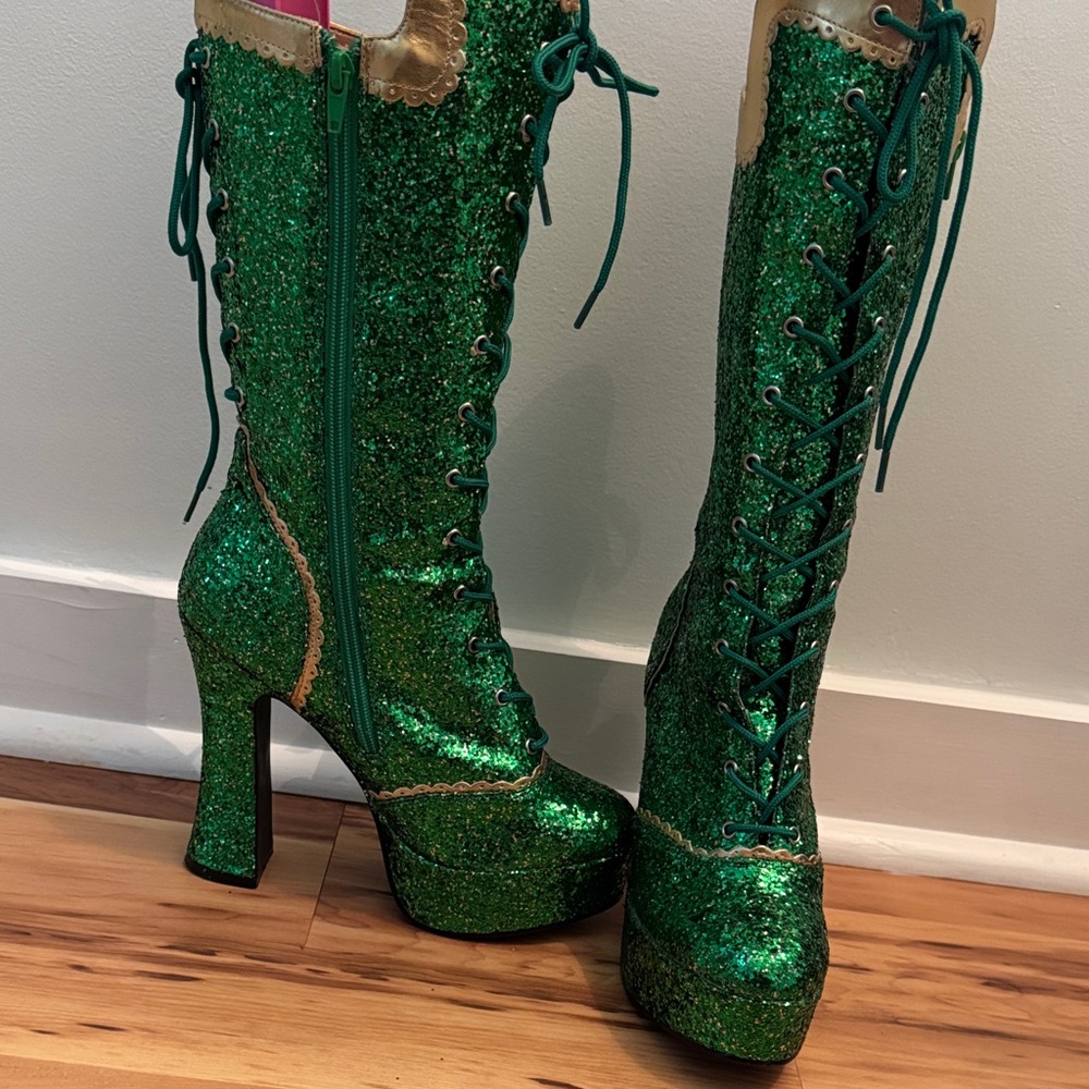 Bordello Green Glitter Lace up boots with zipper